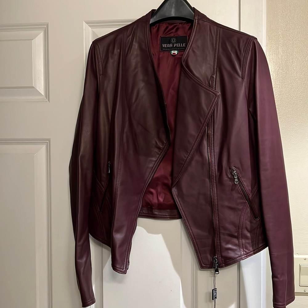 NWT!! Gorgeous burgundy leather Italian leather jacket. Similar to Vince jacket.